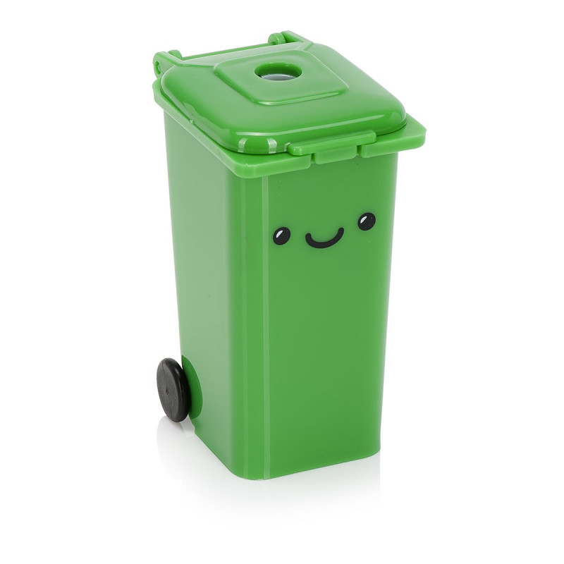 Taillecrayons rigolo avec réservoir en forme de poubelle verte sur