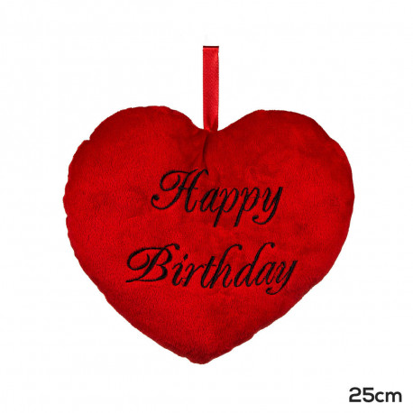 Coussin forme cœur rouge en peluche « joyeux anniversaire » sur Rapid-Cadeau