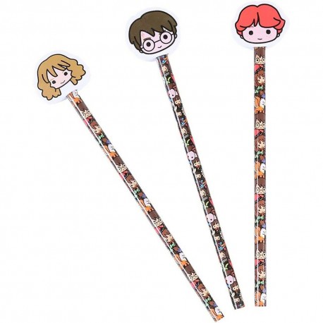 Set 3 Crayons Harry Potter Chibi avec Gommes