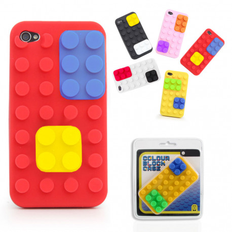 coque pour iphone 4/4s,façon lego en silicone livrée avec deux blocs colorés emboîtables supplémentaires.