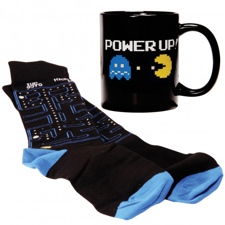 ce set met à l'honneur pacman et ses rétro-gamers ; il contient un mug geek et des chaussettes assorties.