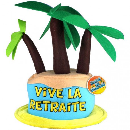 Ce chapeau retraite coloré représente un maxi gâteau avec des palmiers... pour donner un air de véritable vacancier au futur retraité ! Voilà un chouette cadeau insolite pour un départ à la retraite !