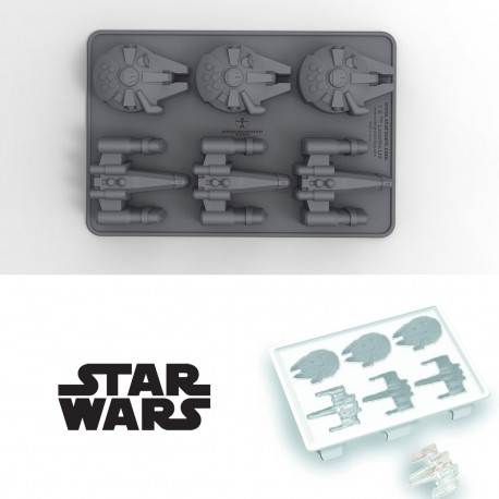 ce moule Star Wars en silicone, qui va permettre de créer 6 glaçons différents à l'effigie du X-Wing et du Faucon Millenium