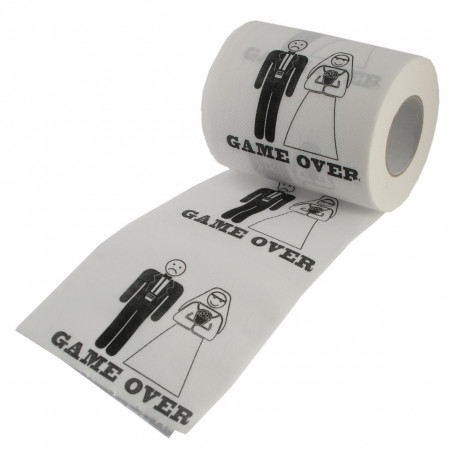 Pour un mariage sous le signe de l’humour, décorez les toilettes (ou la voiture-balai) avec ce véritable papier toilette mariage « Game Over 
