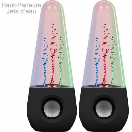 Deux enceintes design avec des jets d'eau multicolores