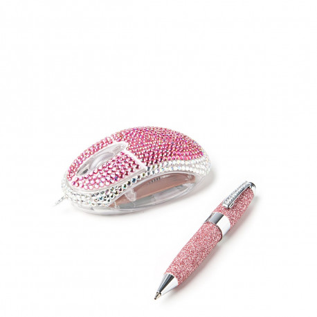 Une souris filaire et un stylo/stylet assorti : voilà ce qui compose ce lot bling-bling d’accessoires de bureau